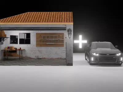 GARAGE WITH A RIGGED CAR Free low-poly 3D model