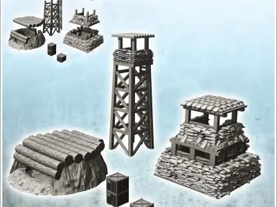 Set of fortifications for modern military base with watchtower 4 3D print model