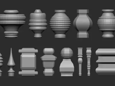 55 Low poly wood carved chair table pillar parts IMM brush set 3D model