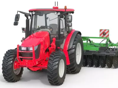 Farm Tractor and Trailed Disc harrow  Low-poly 3D model