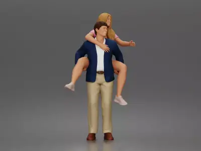 Man Giving Woman Piggyback Ride In Blazer Overalls And Sneakers 3D print model