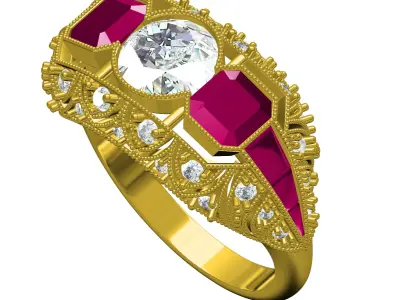 Antique Ruby Octagon Stone Art Deco Engagement Ring 3D print model