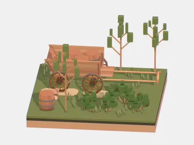 Isometric Village Wood Cart Barrel  Low-poly 3D model