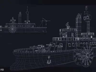 Steampunk Battleship 3D Game Ready Kitbash Textured Low-poly 3D model