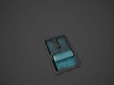 Paint Roller and Tray - Blue Paint Low-poly 3D model