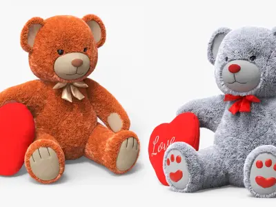 Teddy Bears with Heart Fur Collection 3D model