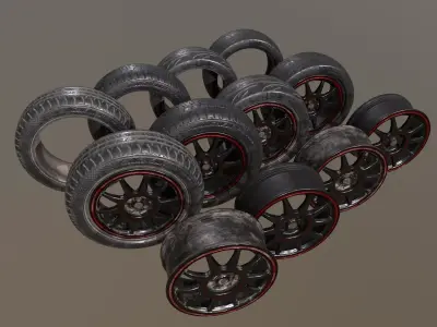 Clean and worn 2 tires and rim collection game ready Low-poly 3D model