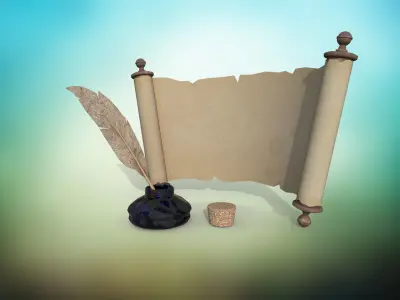 Set of papyrus scroll and inkwell with stopper and quill PBR  Low-poly 3D model