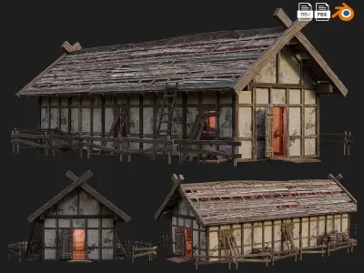 4 Old Medieval Building House Pack 4K Tex GameReady 53 to 56 Low-poly 3D model