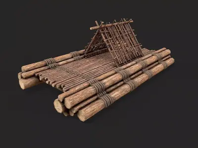 Primitive Wooden Raft Survival Boat  Low-poly 3D model