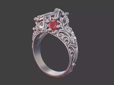 asymetrycal gothic silver ring trillion gemstone ring 3D print model