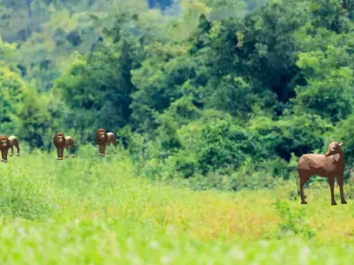 low poly animal herd of horses in lush field Low-poly 3D model