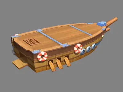 Cartoon Wooden Boat and Pier Low-poly 3D model