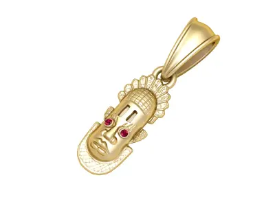 African Benin Mask Gold Pendant with Ruby Accents 3D print model