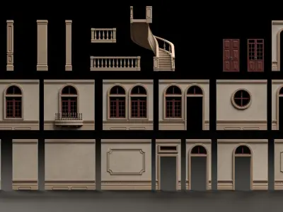CLASSIC EUROPEAN KITBASH 02 MODULAR BUILDING WITH INTERIOR Low-poly 3D model