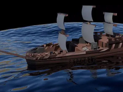 low poly  Pirate ship with shaking animation in the ocean Low-poly 3D model