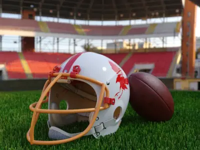 Retro Team Red Eagles Helmet with Logo and Football White On Grass Fur 3D model