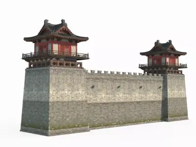 Ancient Asian architecture city wall corner tower 3D model