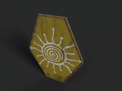 Slavic diamond-shaped shield painted yellow with sun symbol Low-poly 3D model