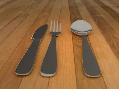 3D Spoon Set of silverware on wooden table 3D model