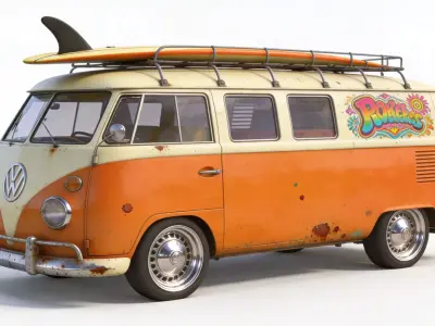 Vintage Surf Culture Microbus 3D Model Low-poly 3D model