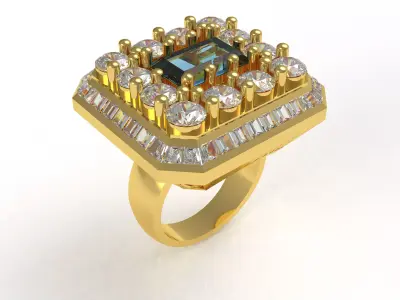 Baguette Stone Round Diamond Halo Ring 3D print model