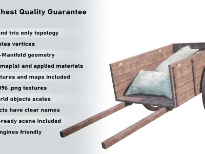 Wooden Cart Gameready PBR Low-poly 3D model
