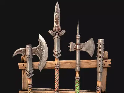 Medieval Weapon Rack Polearm Spear Axe Halberd Mace Set  Low-poly 3D model