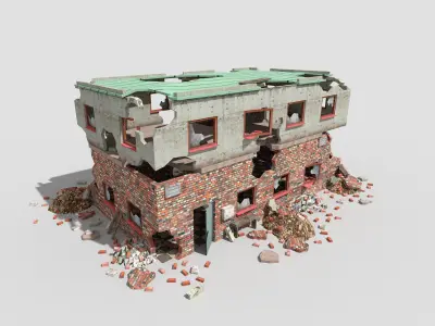 4 low poly destroyed buildings pack 2 Low-poly 3D model