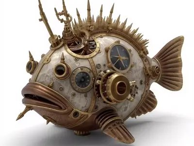 Steampunk Pufferfish Creature 3D Model Low-poly 3D model