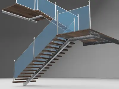 Stairs wooden staircase with glass railings 3D model