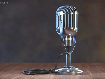 Chrome Vintage Studio Microphone with Cable 3D model