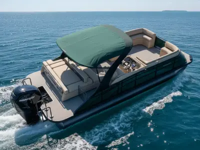 Pontoon Boat with Bimini Top and Mercury Outboard 3D model 3D model