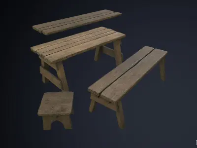 Rustic Wooden Trestle Work Table Stool and Bench Low-poly 3D model