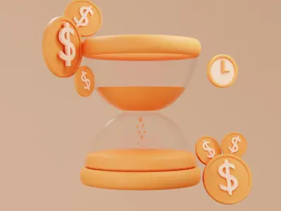 3D Illustration sand clock with dollar coin 3D model