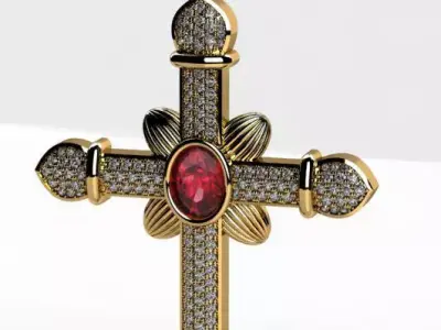 Antique style cross with ruby gem 3D print model