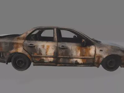 Burned Wrecked Sedan Car Post-Apocalyptic Abandoned Vehicle Low-poly 3D model
