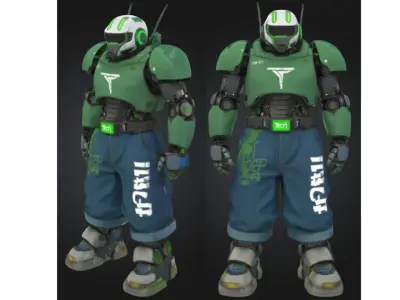 Futuristic Combat Robot in Green Armor Low-poly 3D model