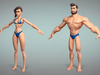 Cartoon male and female Character Hugh and Meg base mesh Low-poly 3D model