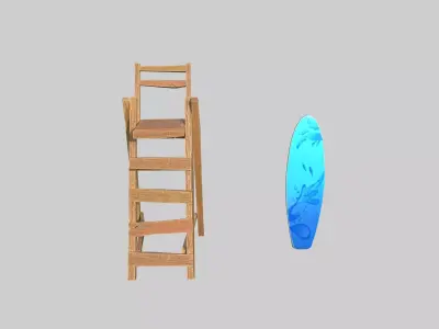 Stylized Beach Chair and Surfboard Low-poly 3D model