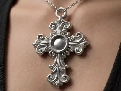 Baroque Cross Pendant with Cabochon Setting 3D print model