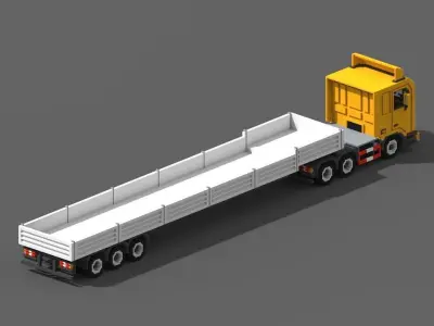 Voxel Truck And Flatbed Trailer Low-poly 3D model