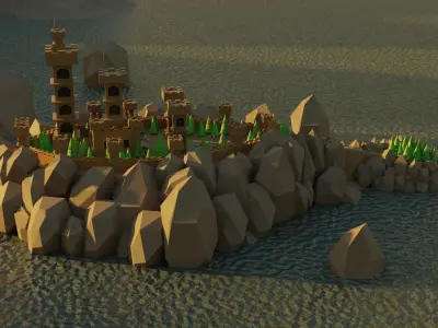 Low poly castle on a rock island Low-poly 3D model