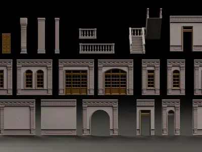 CLASSIC EUROPEAN KITBASH 04 MODULAR BUILDING WITH INTERIOR Low-poly 3D model