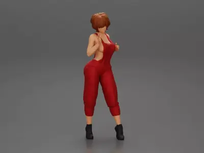 Mechanic girl in overalls repairs and maintains car 3D print model