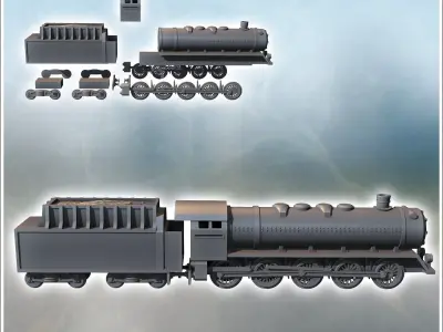 Set of steam locomotive with five axles and a coal wagon at the  3D print model