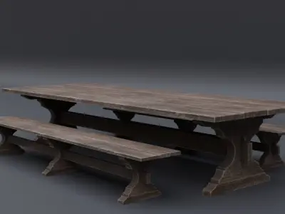 Medieval Table with Bench Low-poly 3D model