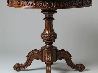 Ornate Wooden Table 3D Vintage Round Pedestal Table Carvings Low-poly 3D model