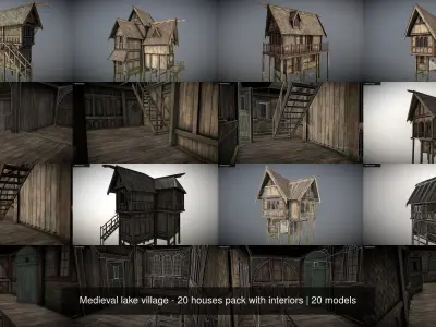 Medieval lake village - 20 houses pack with interiors 3D Model Collection