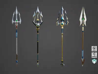 4 Fantasy Trident Collection All PBR Unity UE Textures 3D Model Pack
